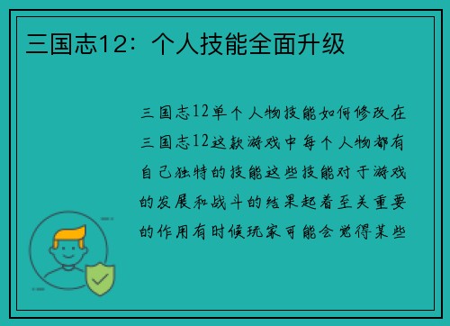三国志12：个人技能全面升级