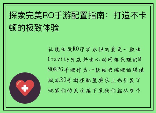 探索完美RO手游配置指南：打造不卡顿的极致体验